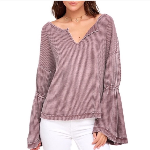 Free People] Black Waffle Thermal  flared sleeve Oversized T-shirt Top - Picture 4 of 13